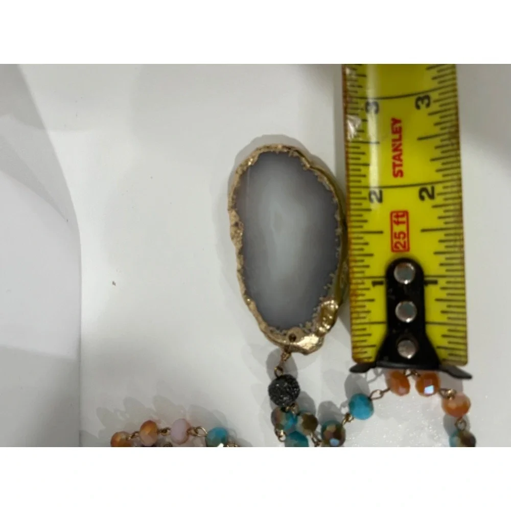 Beaded Necklace Agate‎ Slice Pendant Boho Chic Statement Jewelry
